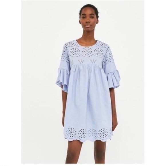 Zara Dresses & Skirts - Zara Light Blue Eyelet Ruched Shift Babydoll Dress